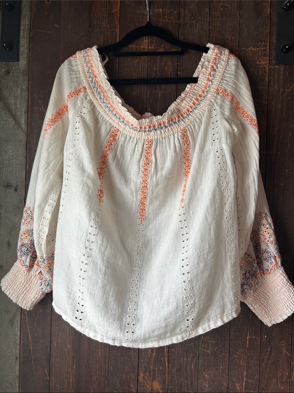White Peasant Blouse with Coral and Aqua Embroidery
